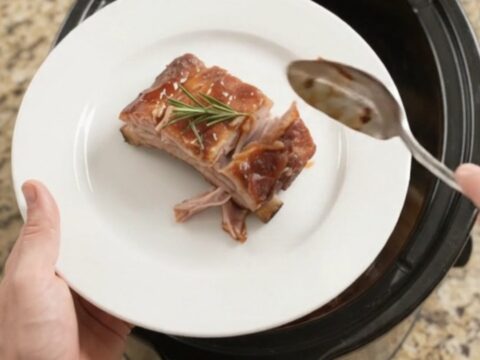 Pull-apart St. Louis ribs glistening with barbecue sauce in a slow cooker