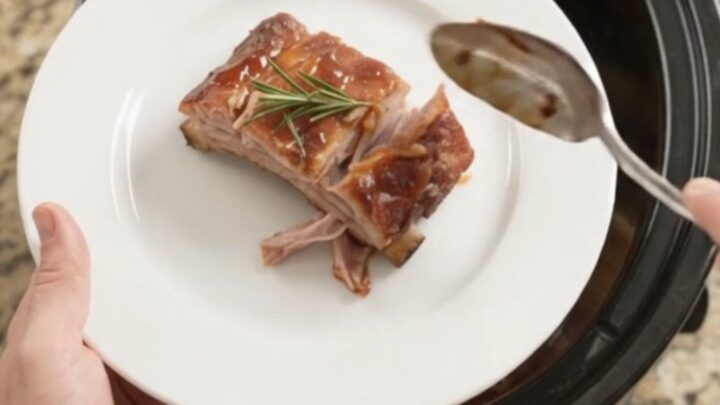 Pull-apart St. Louis ribs glistening with barbecue sauce in a slow cooker