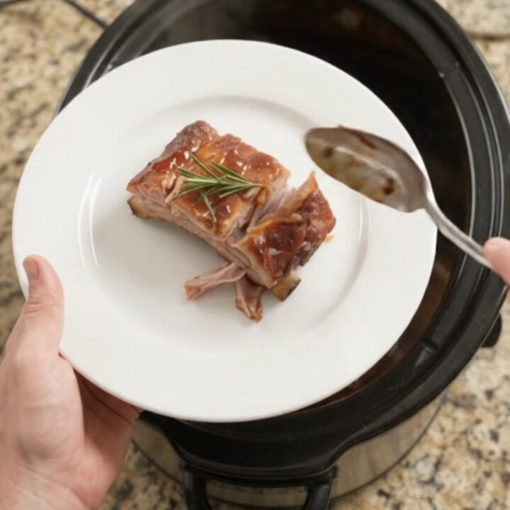 Pull-apart St. Louis ribs glistening with barbecue sauce in a slow cooker