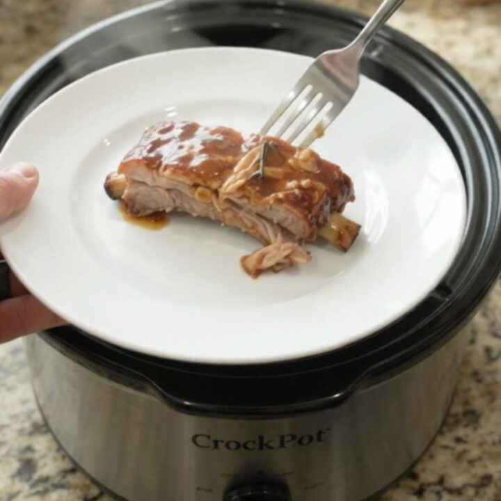 Tender slow-cooker spare ribs glazed with honey-hickory BBQ sauce