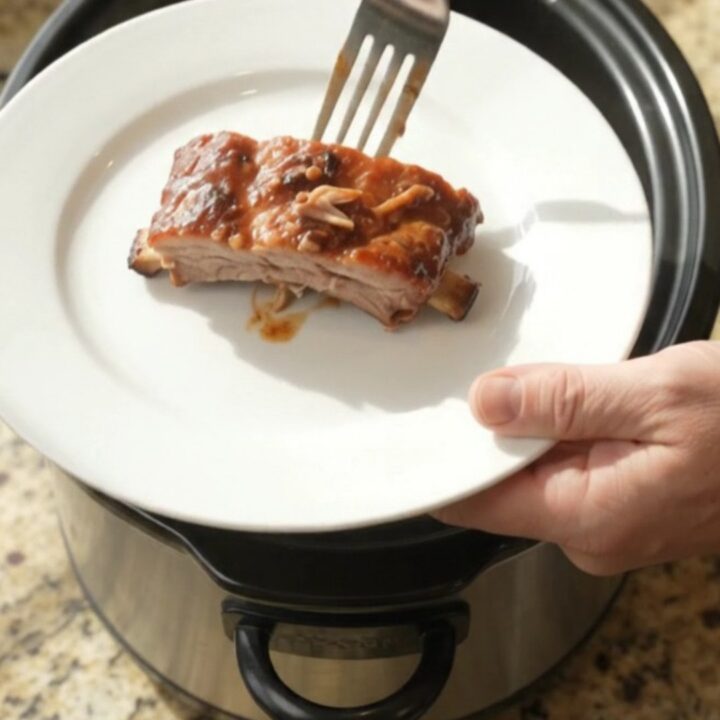Slow cooker spare ribs coated in glossy BBQ sauce with paprika rub