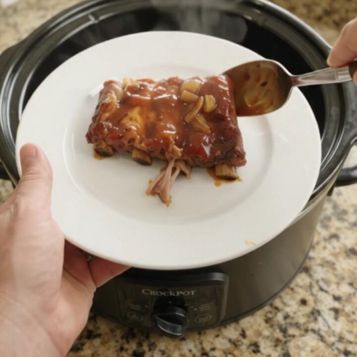 Root Beer BBQ Spare Ribs in slow cooker, glistening with sticky sauce and topped with caramelized onions.