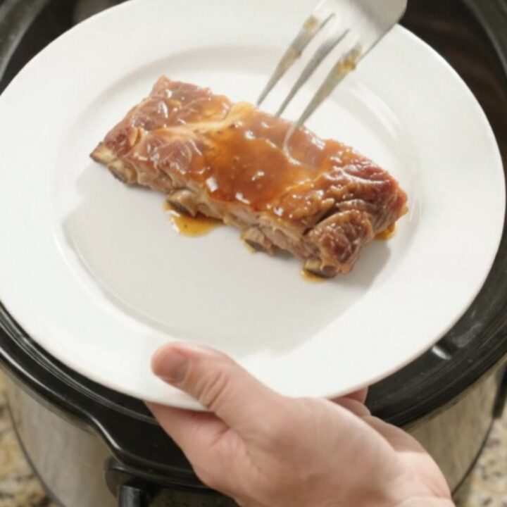 Slow cooker spare ribs glazed in root beer maple bourbon sauce with caramelized onions.