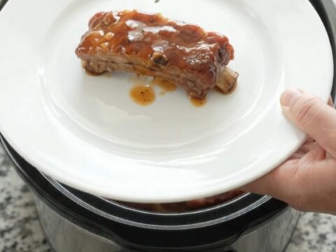 Glazed root beer BBQ pork ribs in a slow cooker