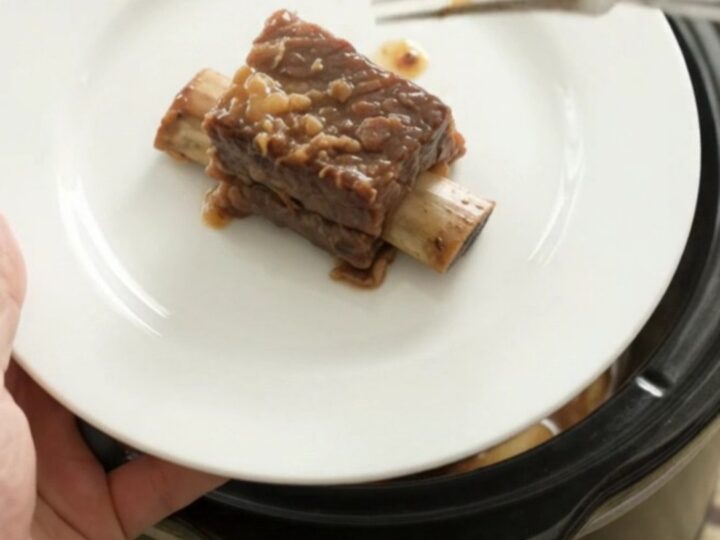 A glossy, caramelized beef short rib on a white plate, with the slow cooker in the background