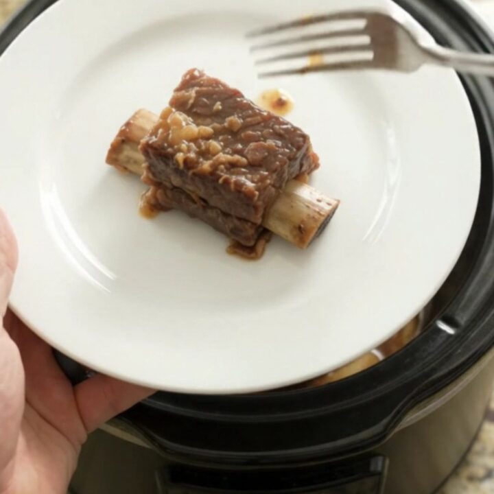 A glossy, caramelized beef short rib on a white plate, with the slow cooker in the background