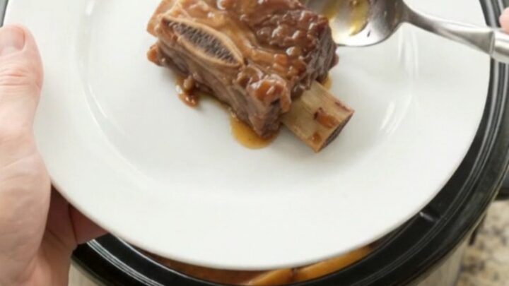 Tender beef short ribs in a crockpot with apples and BBQ sauce, steam rising