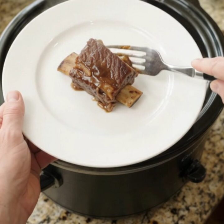 Melt-off-the-bone beef short ribs in a glossy molasses garlic sauce with braised apple slices in a slow cooker