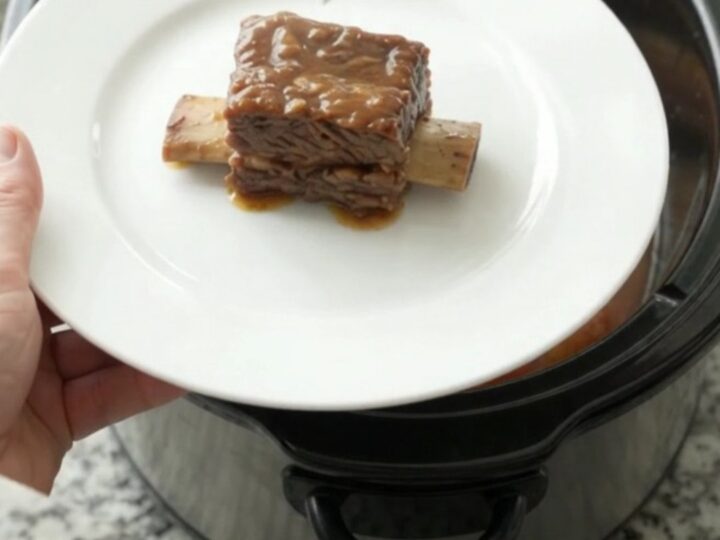 Slow cooker beef short ribs with apples in maple bourbon BBQ sauce