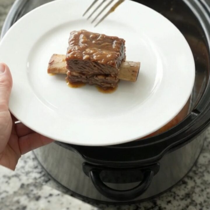 Slow cooker beef short ribs with apples in maple bourbon BBQ sauce