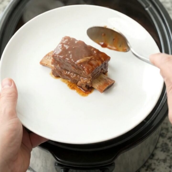 Bourbon peach BBQ short ribs in a crockpot, glistening with sauce and topped with soft peach slices.