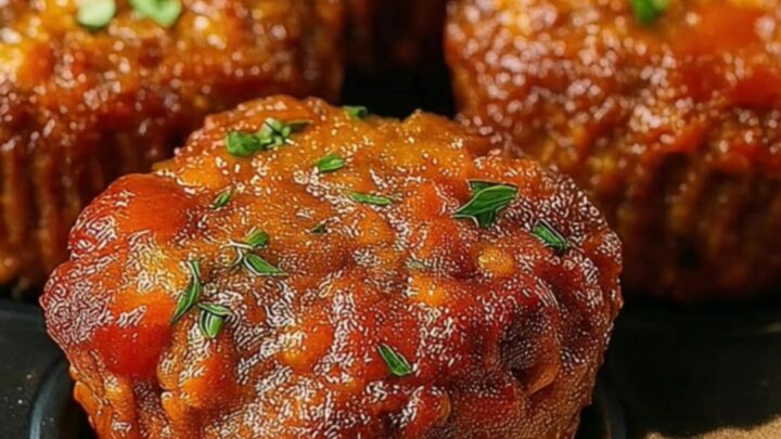 Juicy mini meatloaf muffins with a glistening ketchup glaze sitting on a dark muffin tin.