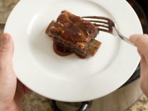 Glossy slow-cooker short ribs with cherries and barbecue sauce in a black Crockpot