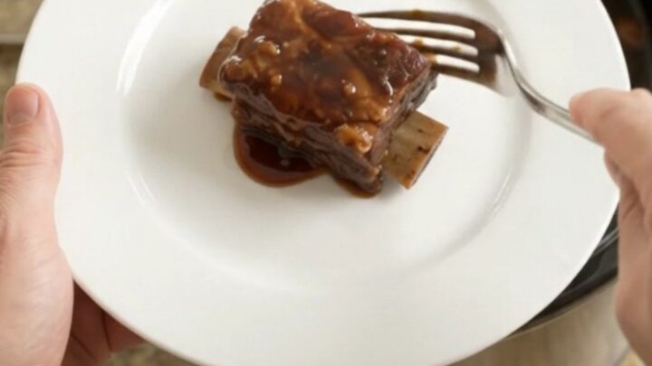 Glossy slow-cooker short ribs with cherries and barbecue sauce in a black Crockpot