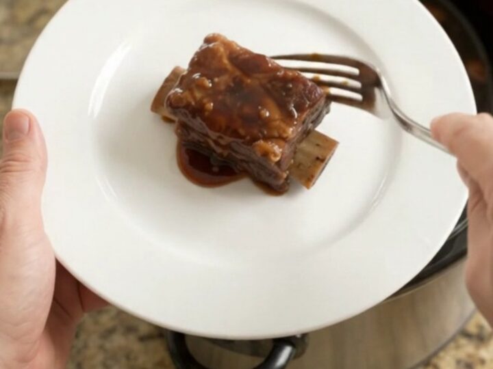 Glossy slow-cooker short ribs with cherries and barbecue sauce in a black Crockpot