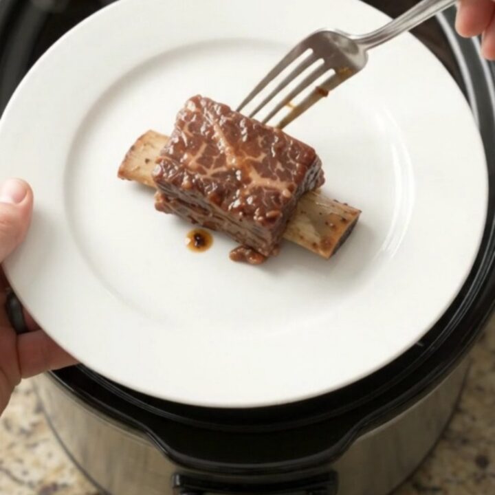 Slow cooker beef short ribs coated in glossy honey hickory BBQ sauce with garlic and rosemary
