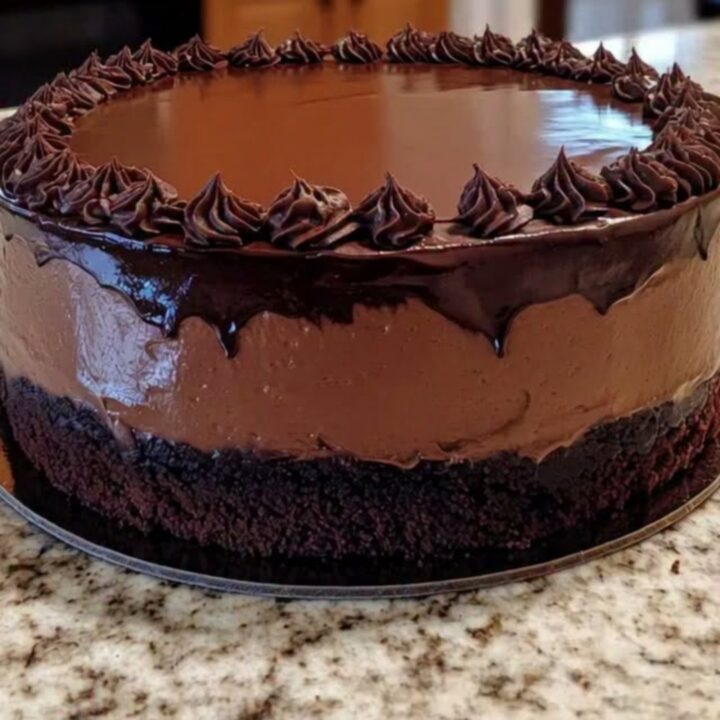 A decadent layered chocolate mousse cake with glossy ganache and piped rosettes on a granite surface.