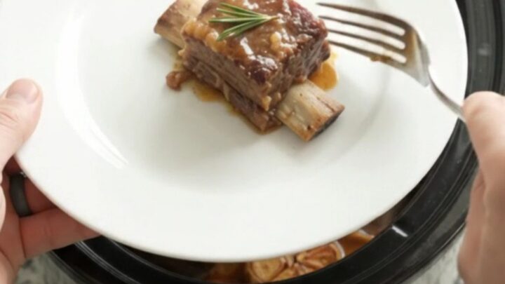 Beef short ribs glazed in maple bourbon BBQ sauce in a black slow cooker