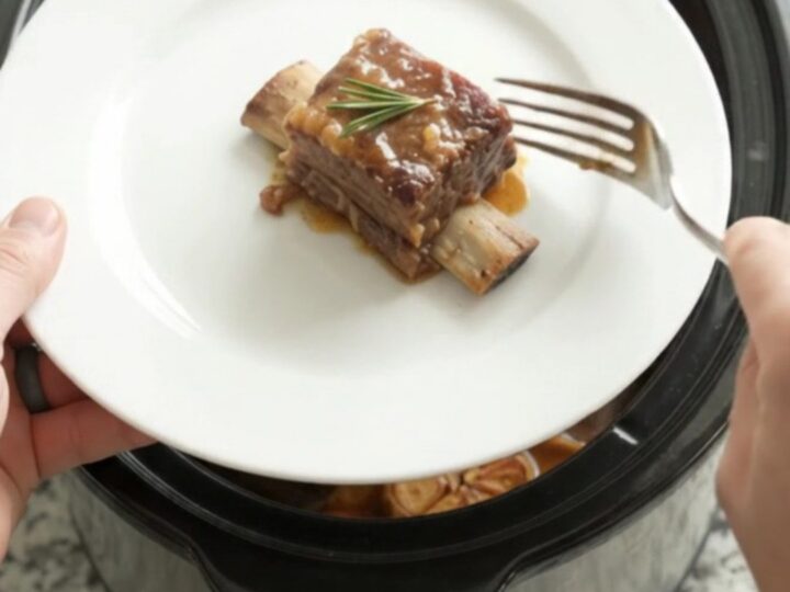 Beef short ribs glazed in maple bourbon BBQ sauce in a black slow cooker
