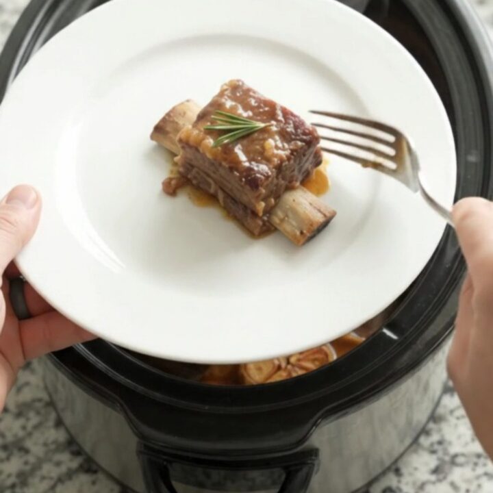 Beef short ribs glazed in maple bourbon BBQ sauce in a black slow cooker
