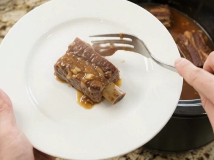 Bone-in beef short ribs glazed in a glossy maple bourbon BBQ sauce, served on a white plate with extra sauce spooned over.