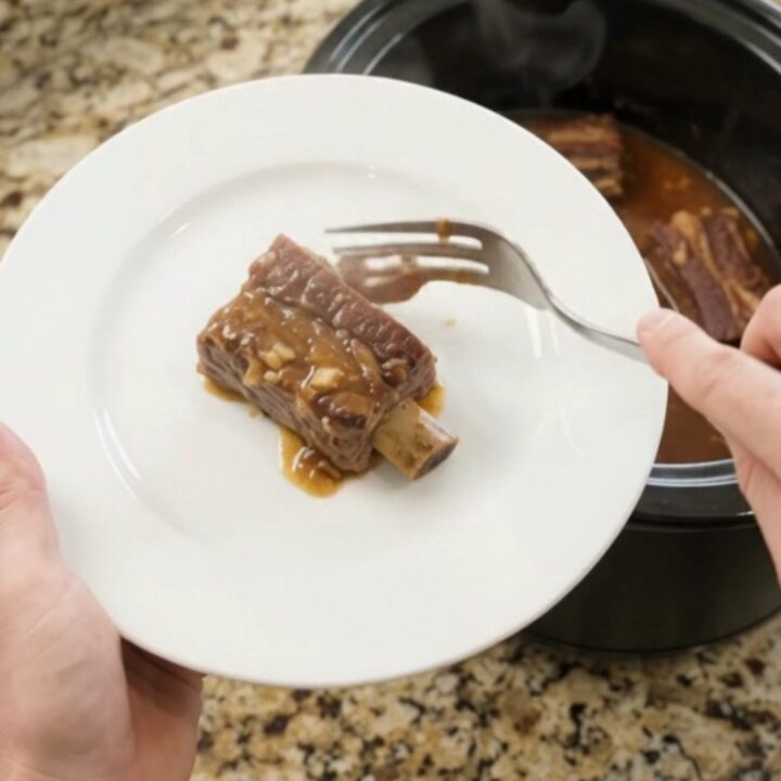 Bone-in beef short ribs glazed in a glossy maple bourbon BBQ sauce, served on a white plate with extra sauce spooned over.