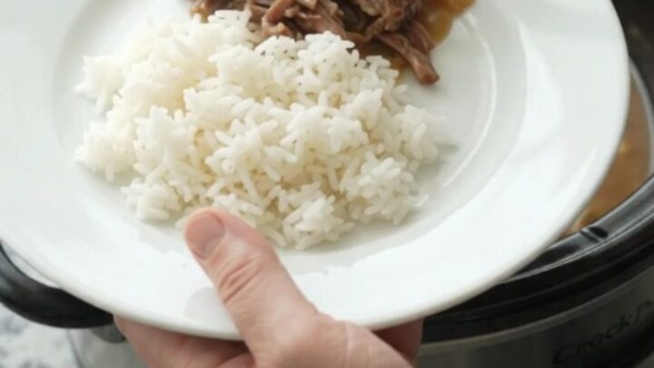 Shredded beef chuck roast with caramelized onions and creamy Dijon sauce in a slow cooker