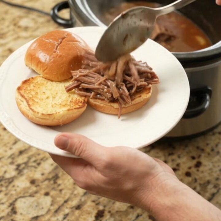 Fall-apart shredded beef chuck roast in rich brown gravy with caramelized onions in a slow cooker