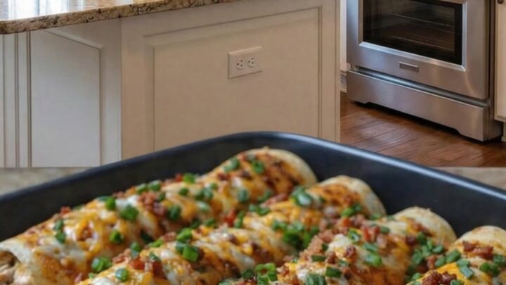 Four golden, crispy chicken bacon ranch roll-ups in a black baking dish with steam rising.