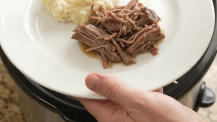 Slow-cooker beef chuck roast with shallots and carrots in a golden butter sauce