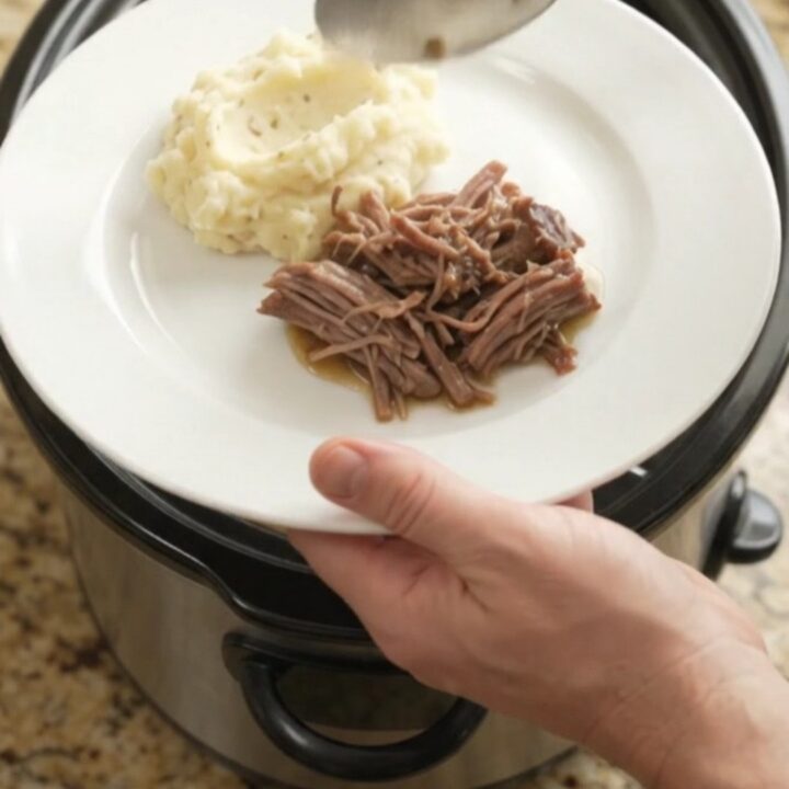 Slow-cooker beef chuck roast with shallots and carrots in a golden butter sauce
