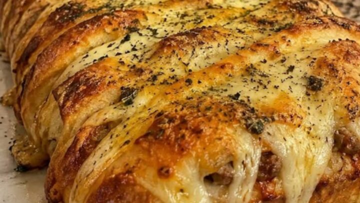 A golden-brown potato roll stromboli on a marble counter, sliced to reveal melted mozzarella.