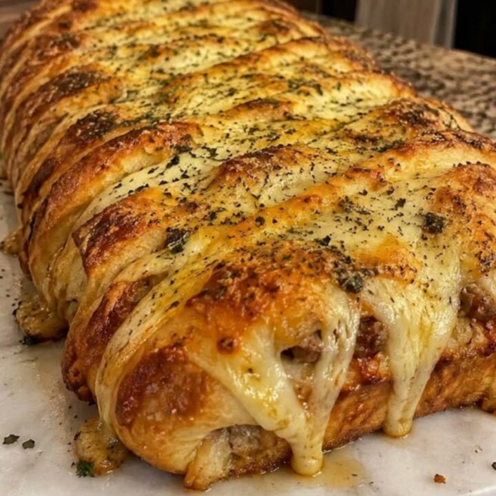 A golden-brown potato roll stromboli on a marble counter, sliced to reveal melted mozzarella.