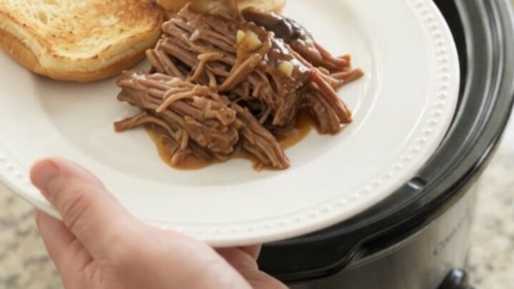 Shredded beef chuck roast with portobello mushrooms in rich brown gravy in a slow cooker