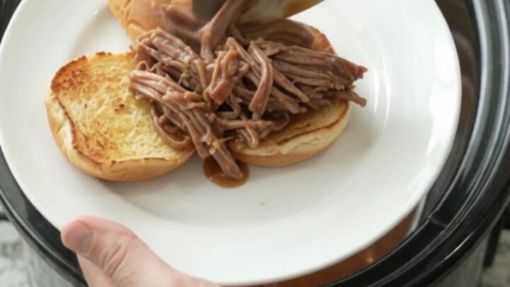 Slow-cooker beef brisket with pepperoncini and gravy, served on toasted brioche slider buns.