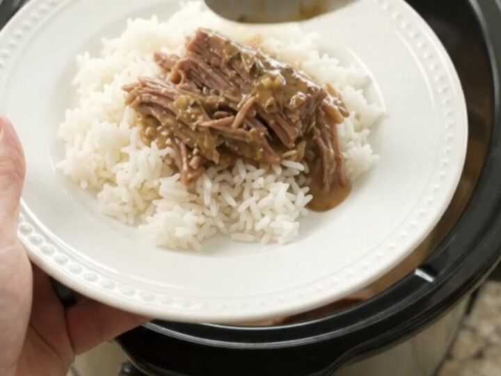 Fork-tender shredded beef brisket in a creamy Dijon gravy in a slow cooker