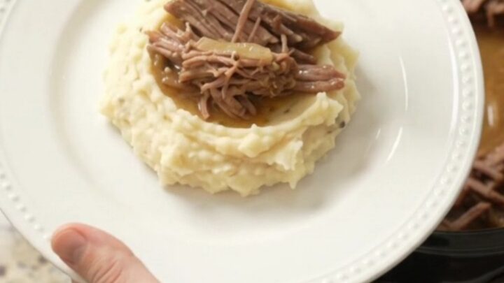 Slow cooker French onion butter beef brisket with caramelized onions and golden jus