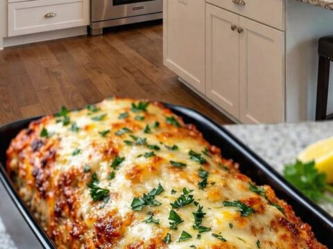 A whole baked garlic parmesan chicken meatloaf in a black pan on a granite surface.