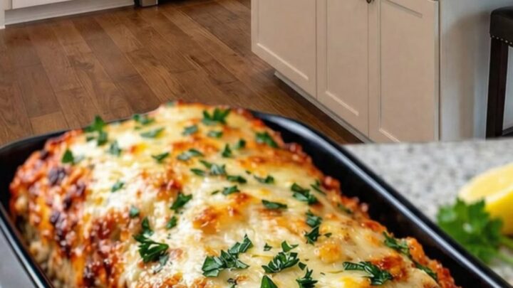 A whole baked garlic parmesan chicken meatloaf in a black pan on a granite surface.