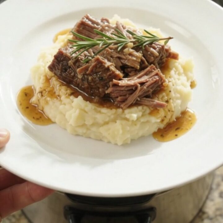 Fork-shredded beef brisket in a slow cooker with garlic and herbs in golden butter jus.
