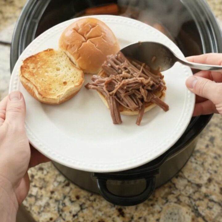 Slow-cooker beef brisket with shallots and carrots in rich gravy, served on a plate