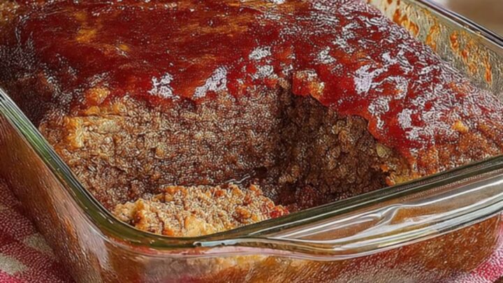 A steaming, glazed Amish meatloaf in a glass dish on a checkered napkin.