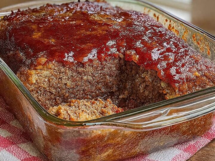 A steaming, glazed Amish meatloaf in a glass dish on a checkered napkin.