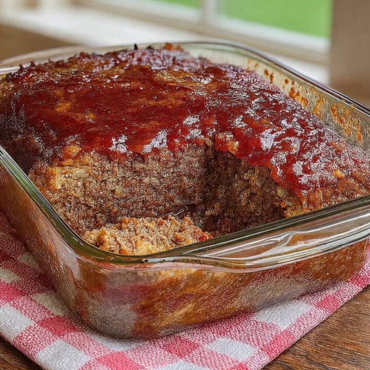 A steaming, glazed Amish meatloaf in a glass dish on a checkered napkin.