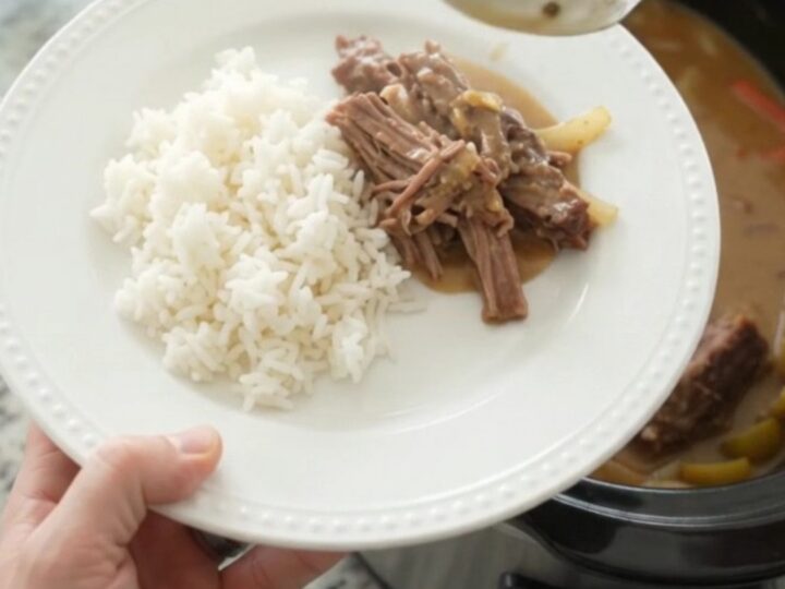 Slow cooker brisket with creamy dijon sauce and peppers