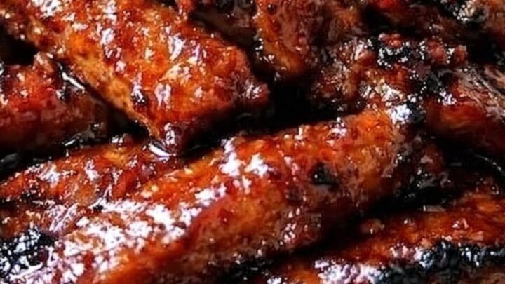 A rustic metal tray piled high with deeply caramelized, glossy honey-garlic glazed pork ribs with visible steam.