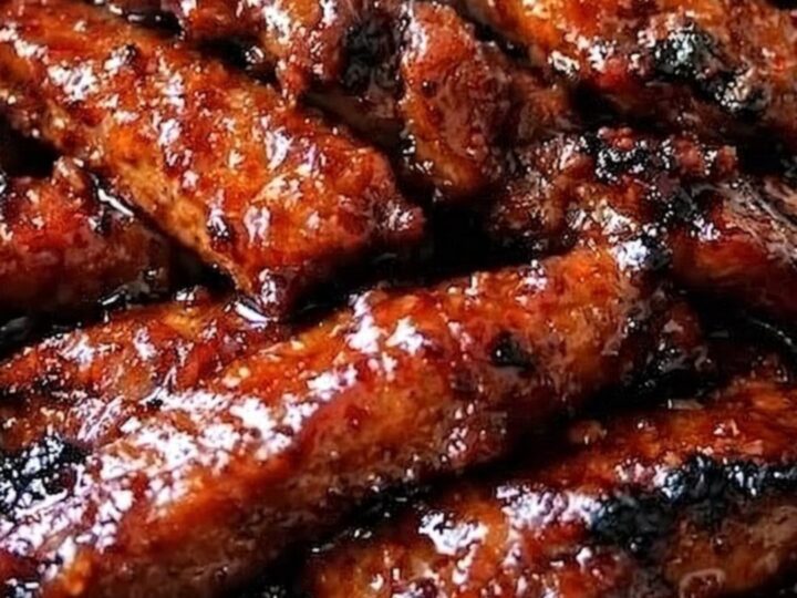 A rustic metal tray piled high with deeply caramelized, glossy honey-garlic glazed pork ribs with visible steam.
