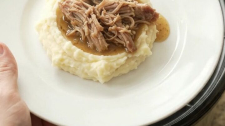 Shredded pork shoulder with mushrooms and butter sauce in a slow cooker
