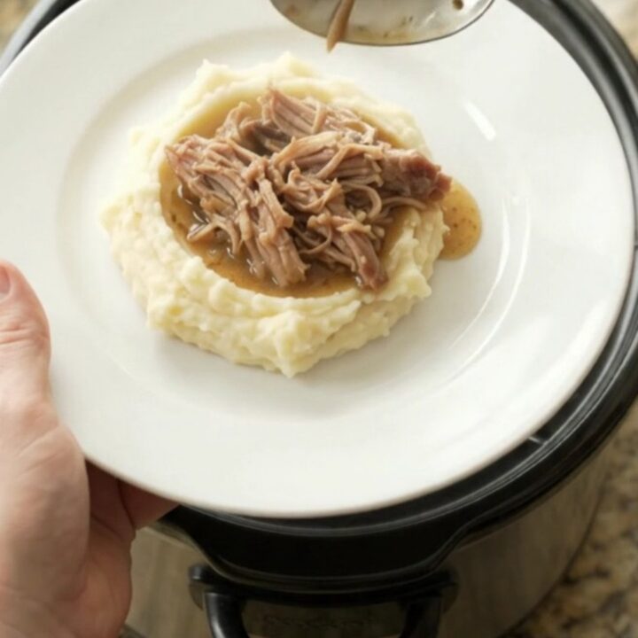 Shredded pork shoulder with mushrooms and butter sauce in a slow cooker