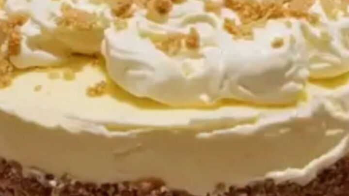 Whole chilled condensed milk cheesecake topped with piped whipped cream rosettes and crushed biscuit crumbs.
